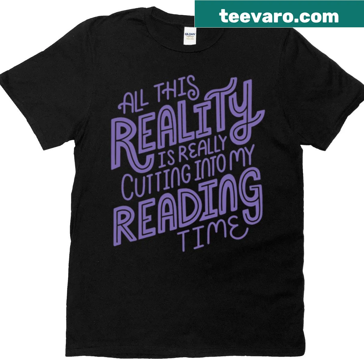 T-shirt with book nerd quote 'Reality Vs Reading' in playful lettering. — on a men's t-shirt