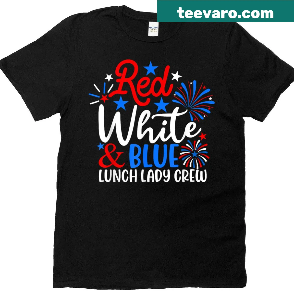 Funny T-shirt with a lunch lady crew slogan for Fourth of July. — on a men's t-shirt