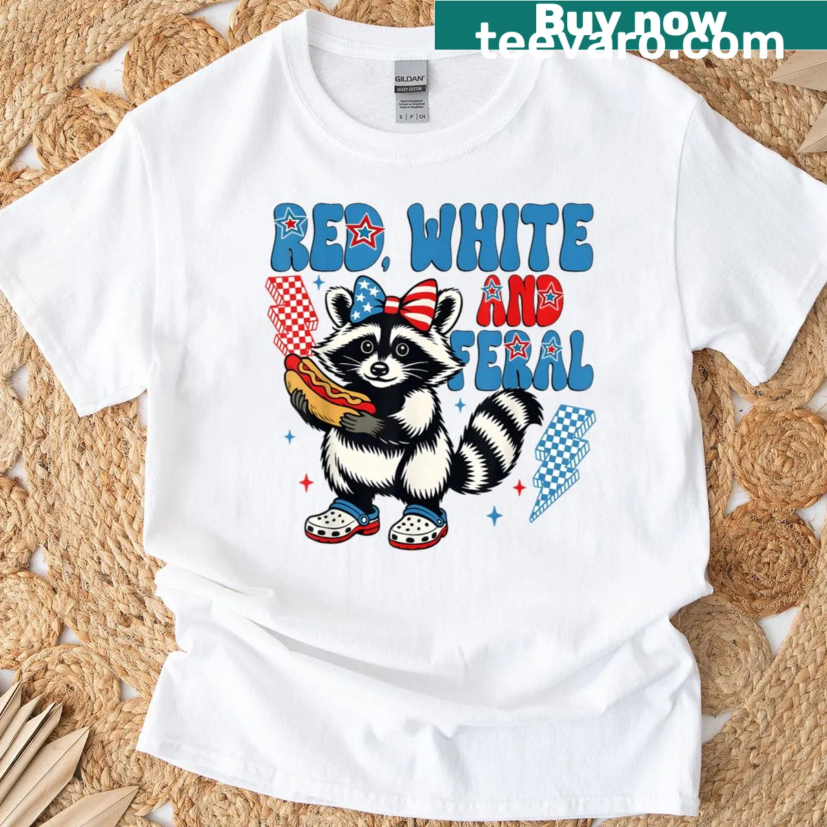 Patriotic T-shirt featuring a funny raccoon with a bow design — on a men's t-shirt
