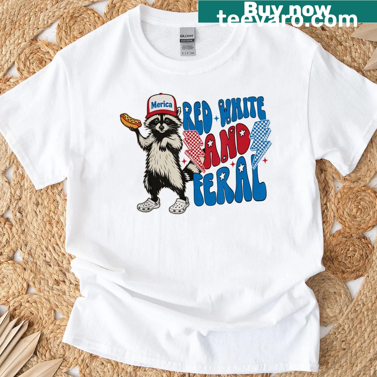Funny hot dog raccoon T-shirt for Fourth of July celebrations — on a men's t-shirt