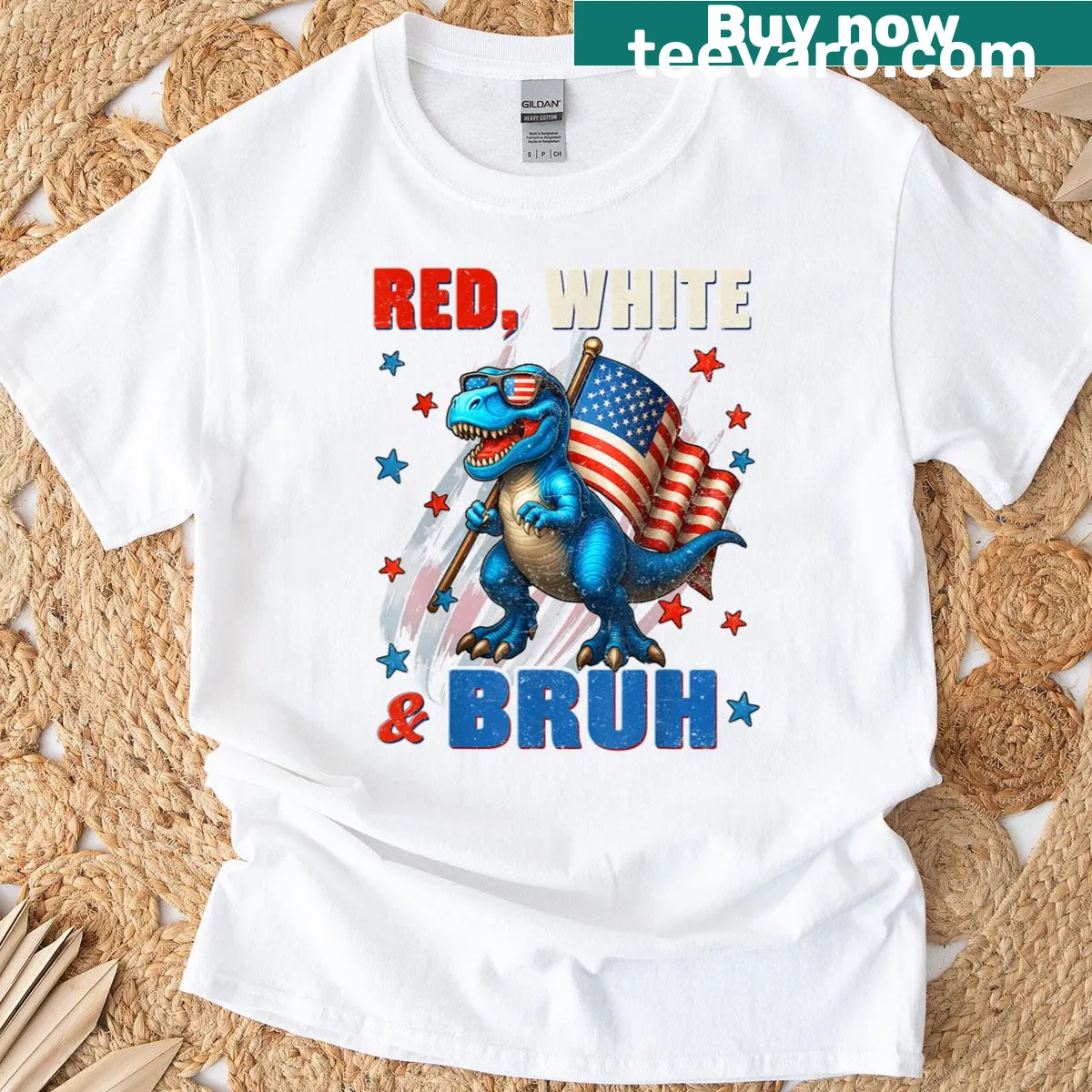 Dinosaur with American flag design for 4th of July kids t-shirt — on a men's t-shirt