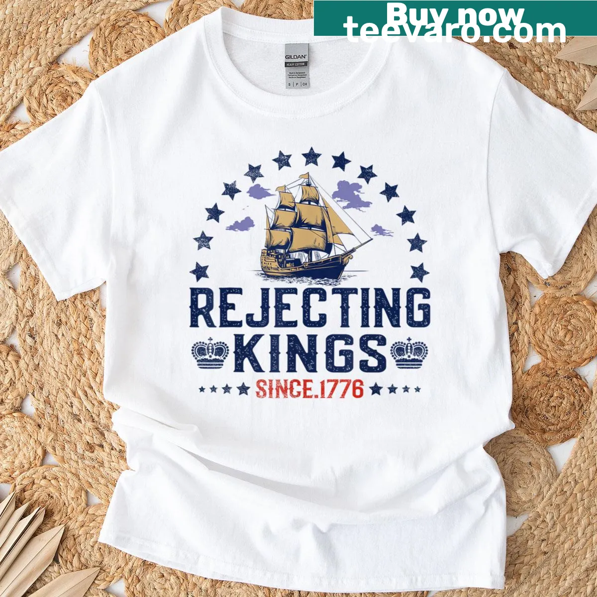 Vintage distressed T-shirt with 'Rejecting Kings Since 1776' text — on a men's t-shirt