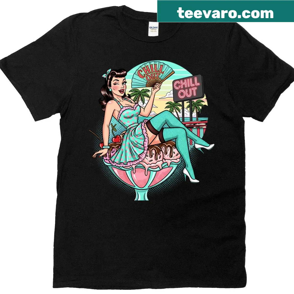 Pin-up style T-shirt with a sweet summer theme illustration. — on a men's t-shirt