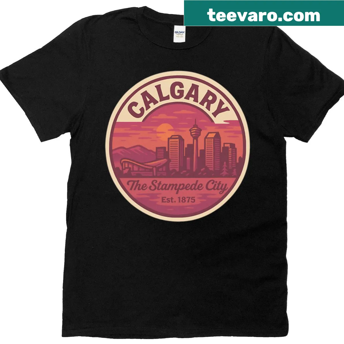 Retro Calgary skyline T-shirt inspired by 80s anime style. — on a men's t-shirt