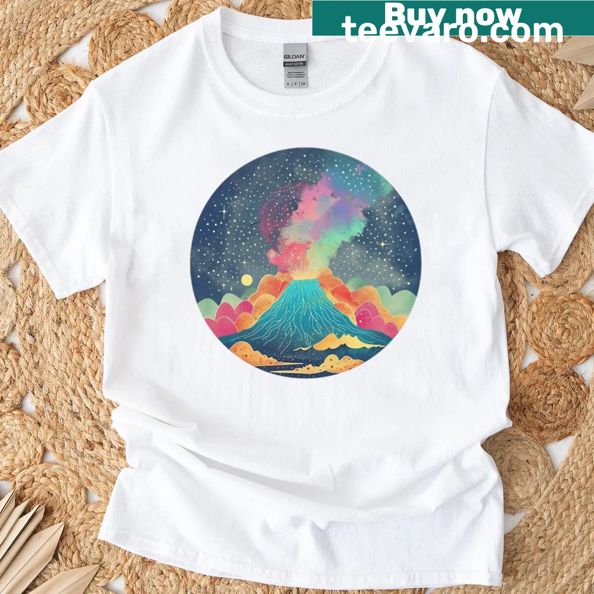 Retro T-shirt with a celestial volcano illustration in pastel colors — on a men's t-shirt