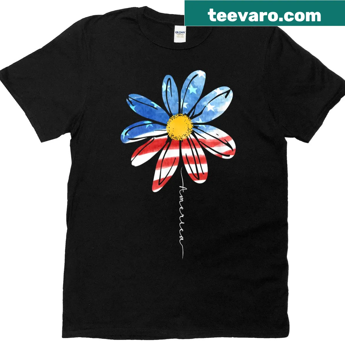 Illustration of daisies and American flag on women’s t-shirt — on a men's t-shirt