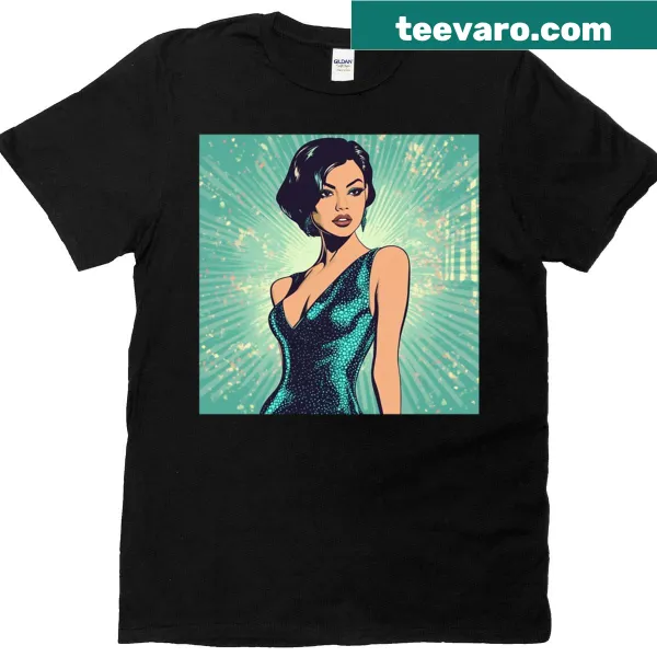 Bold illustration of a glamorous woman in vintage pop art style on oversized t-shirt