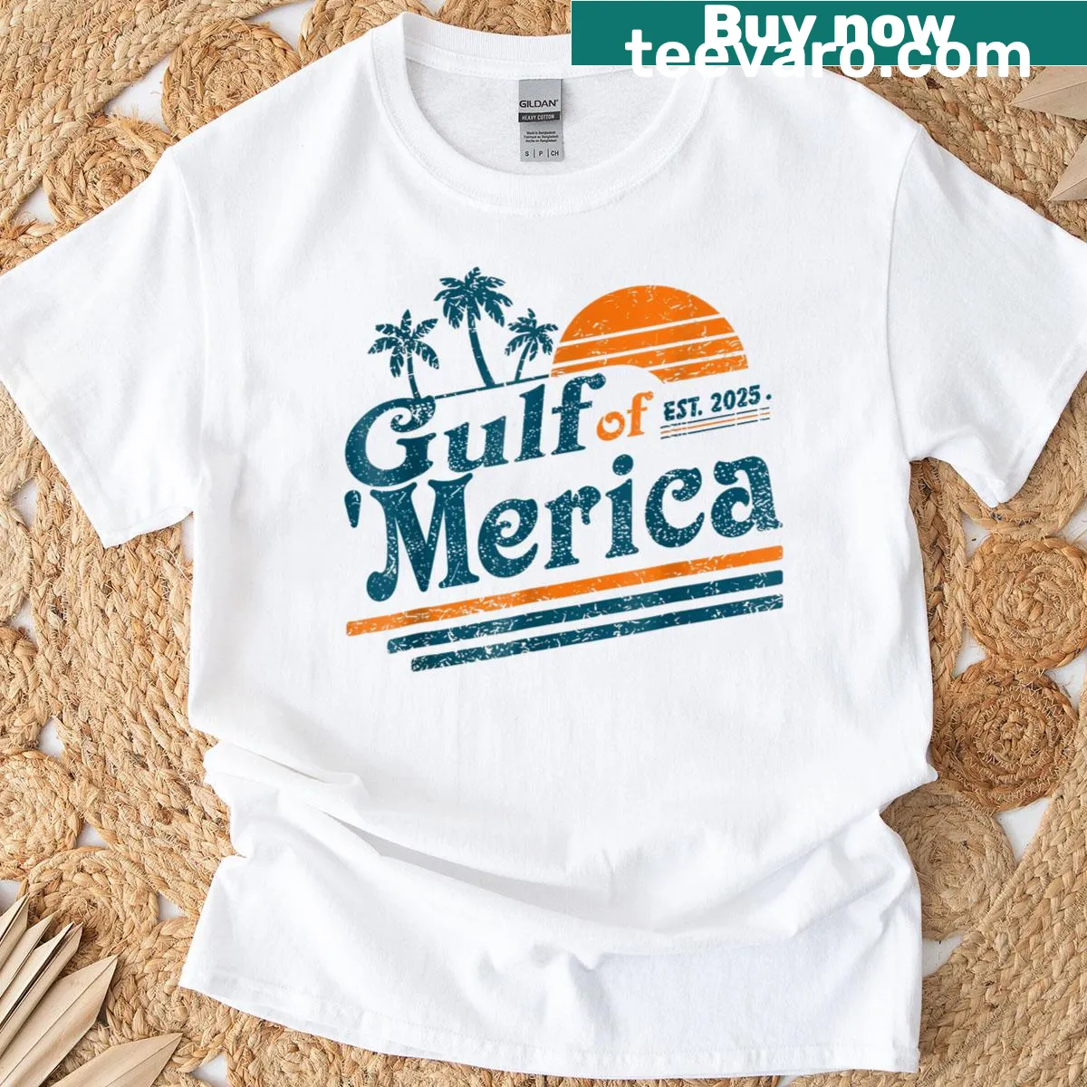 Vintage-style tee with American flag and Gulf of Merica text — on a men's t-shirt