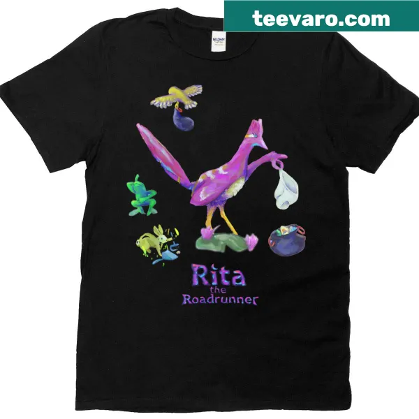 Cartoon design of Rita the Roadrunner on a T-shirt