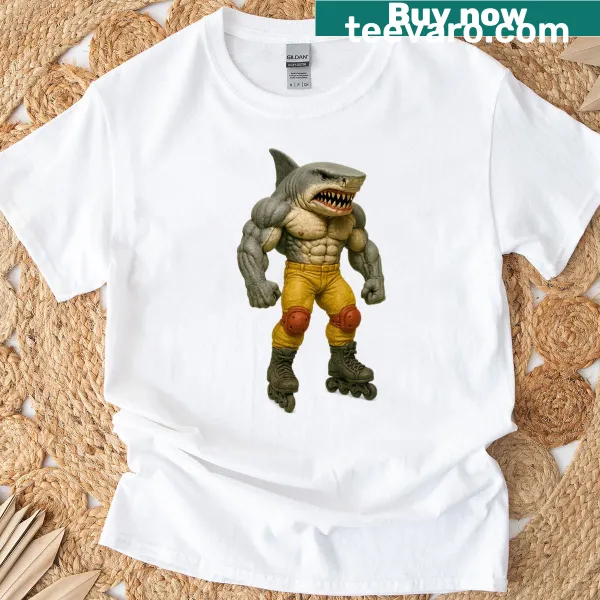 Illustration of a muscular rollerblading shark character on a t-shirt