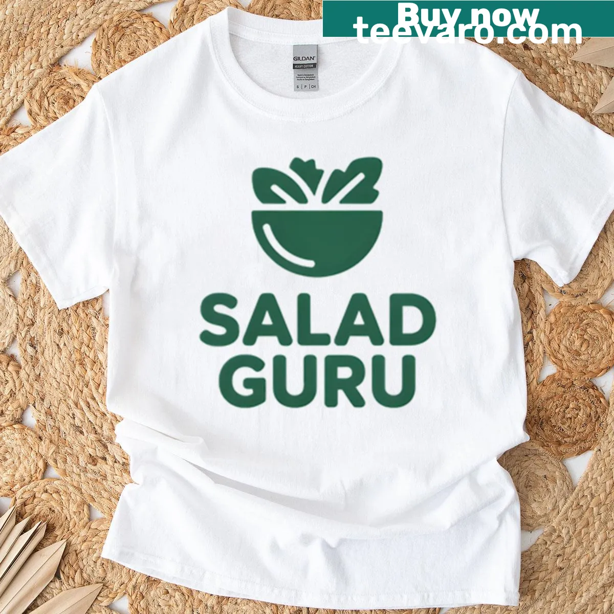 T-shirt with 'Salad Guru' typography promoting healthy eating — on a men's t-shirt