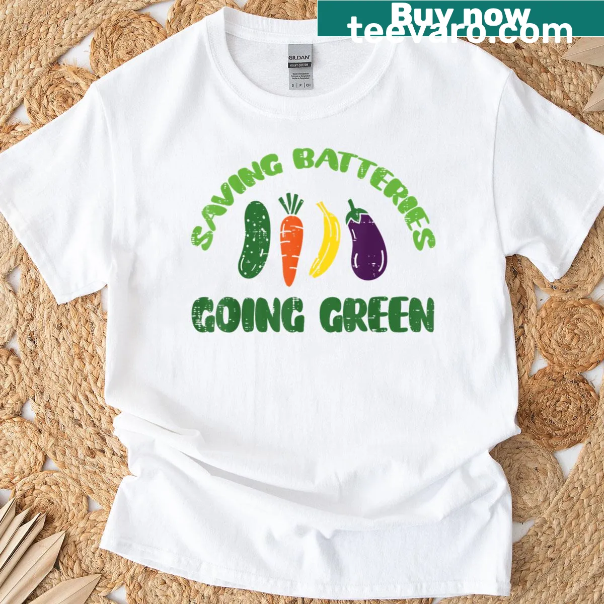 Funny t-shirt with humorous message about going green and saving batteries — on a men's t-shirt