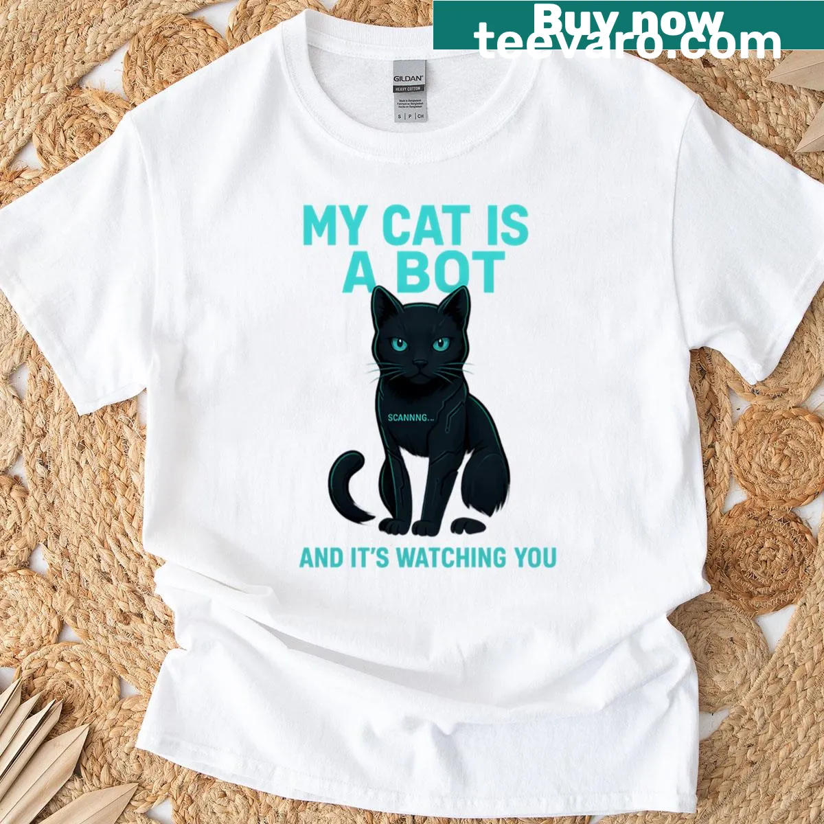 Futuristic cat bot illustration on T-shirt — on a men's t-shirt