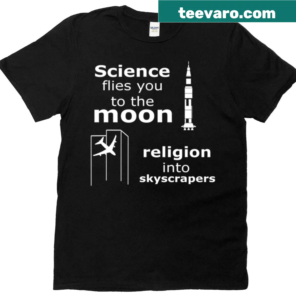 T-shirt with a bold Science Vs Religion graphic — on a men's t-shirt