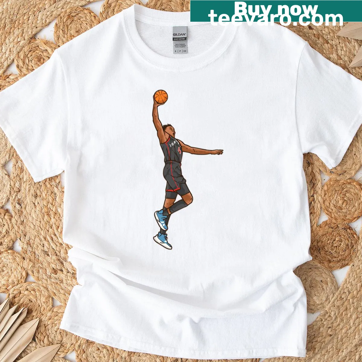 Cartoon illustration of Scottie Barnes dunking on t-shirt — on a men's t-shirt