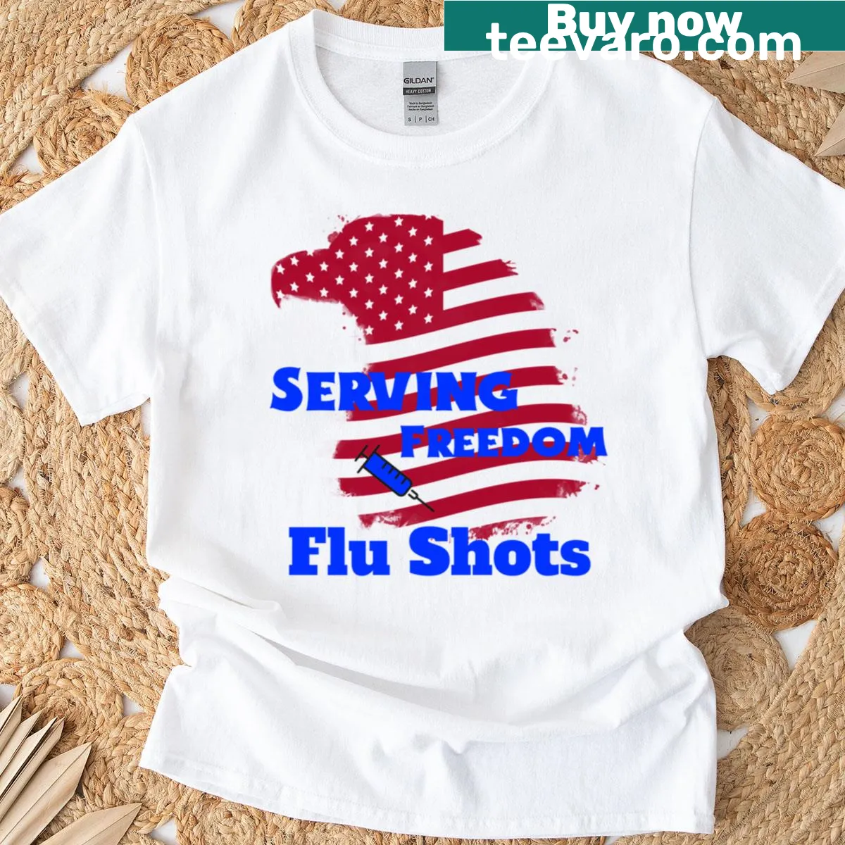 T-shirt with humorous text 'Serving Freedom Flu Shots' — on a men's t-shirt