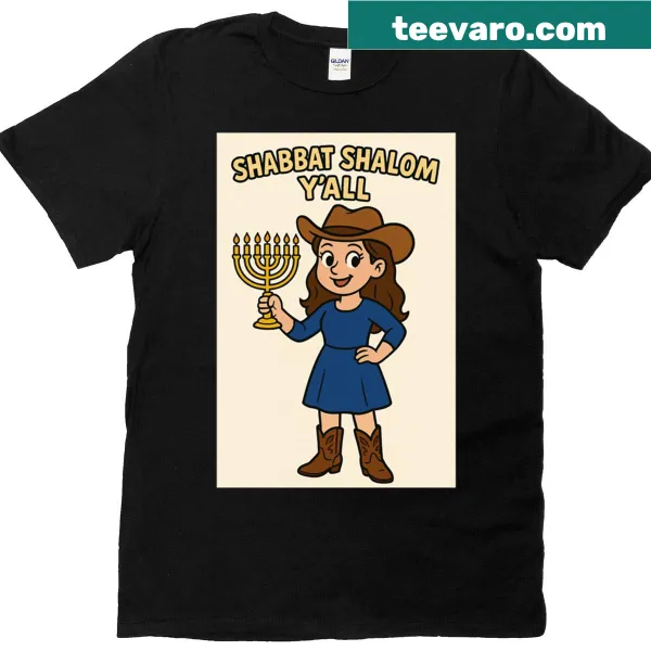 T-shirt with the phrase 'Shabbat Shalom Yall' in a welcoming font