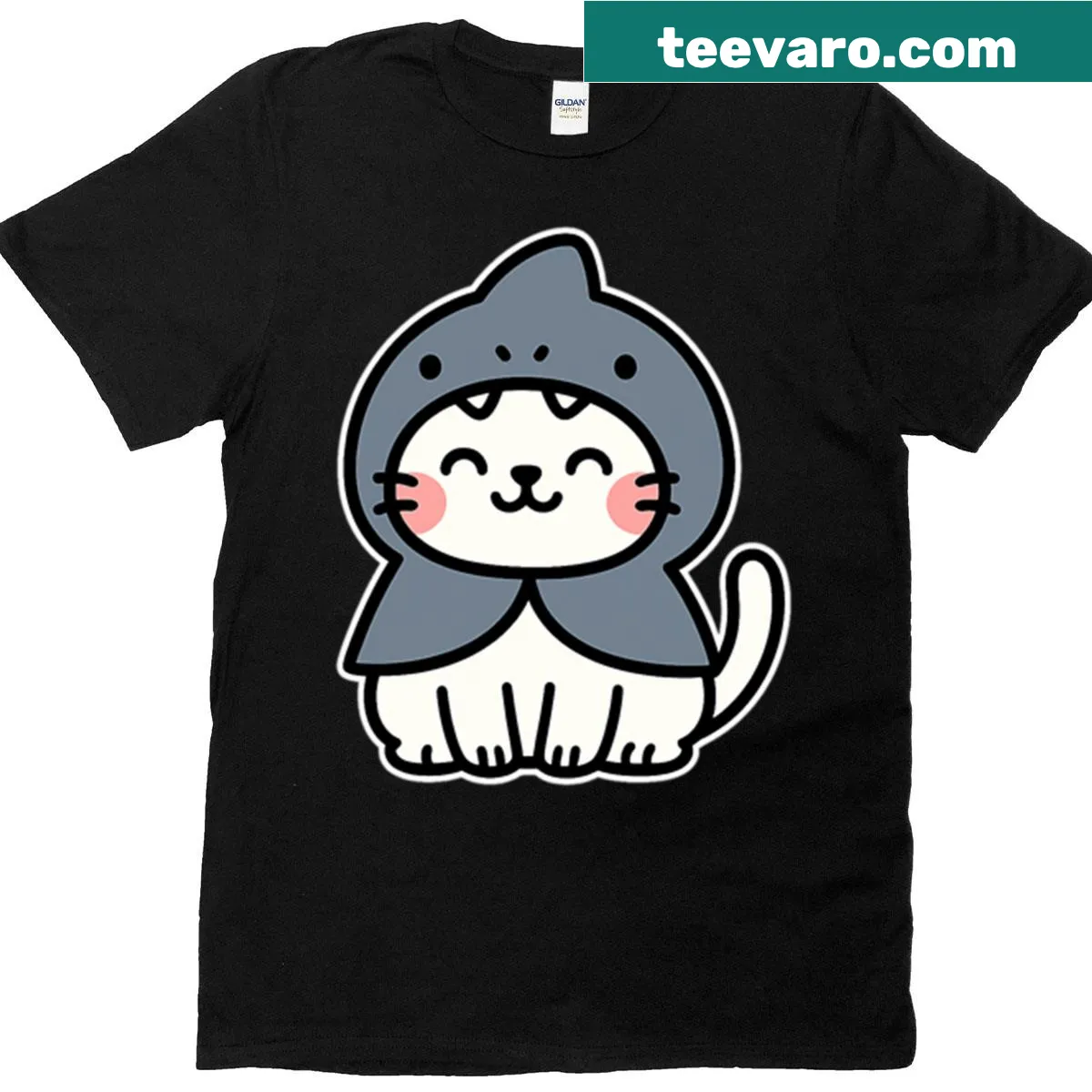Kawaii shirt with a white cat in a shark costume design — on a men's t-shirt