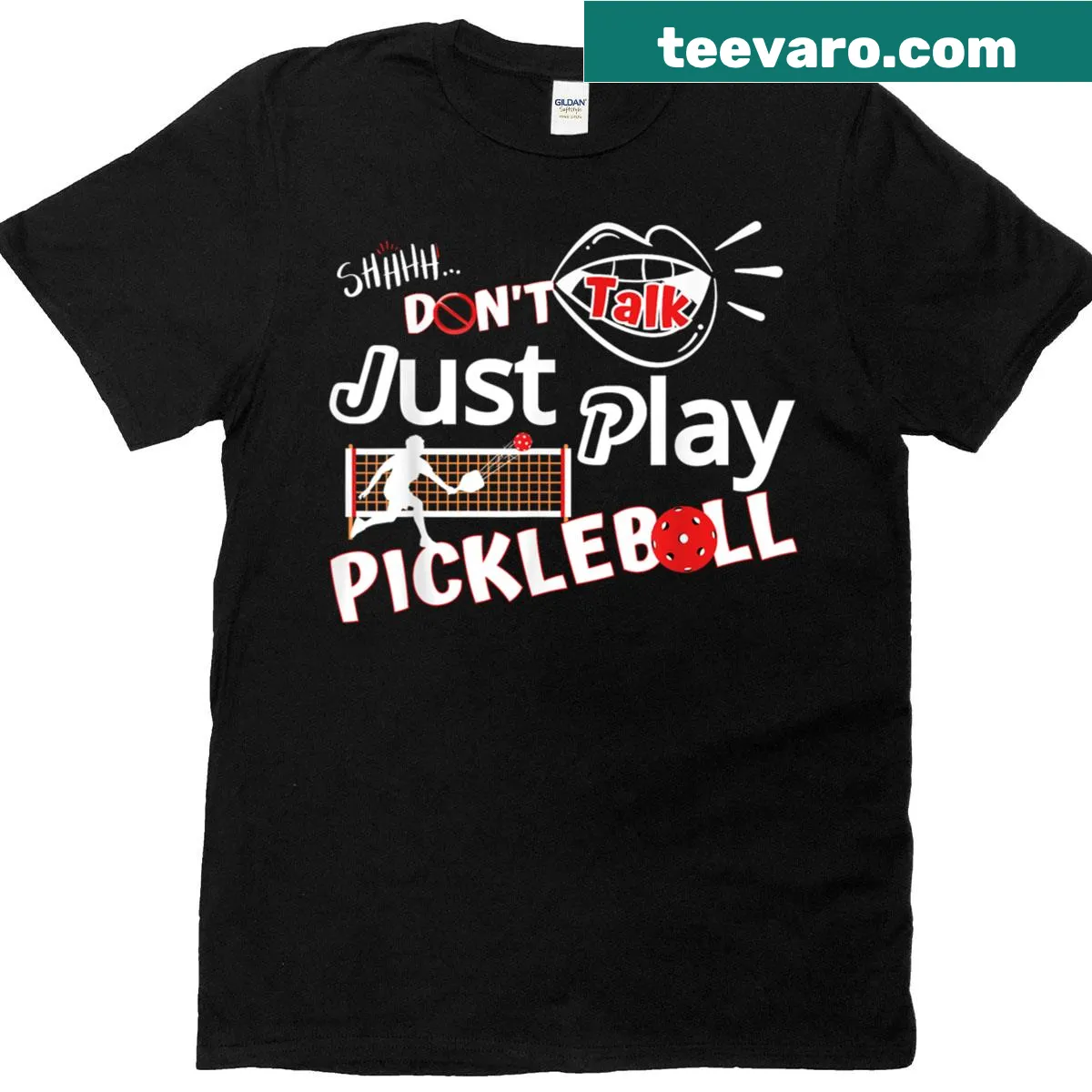 Funny pickleball shirt with 'Shhh Don't Talk Just Play' text — on a men's t-shirt