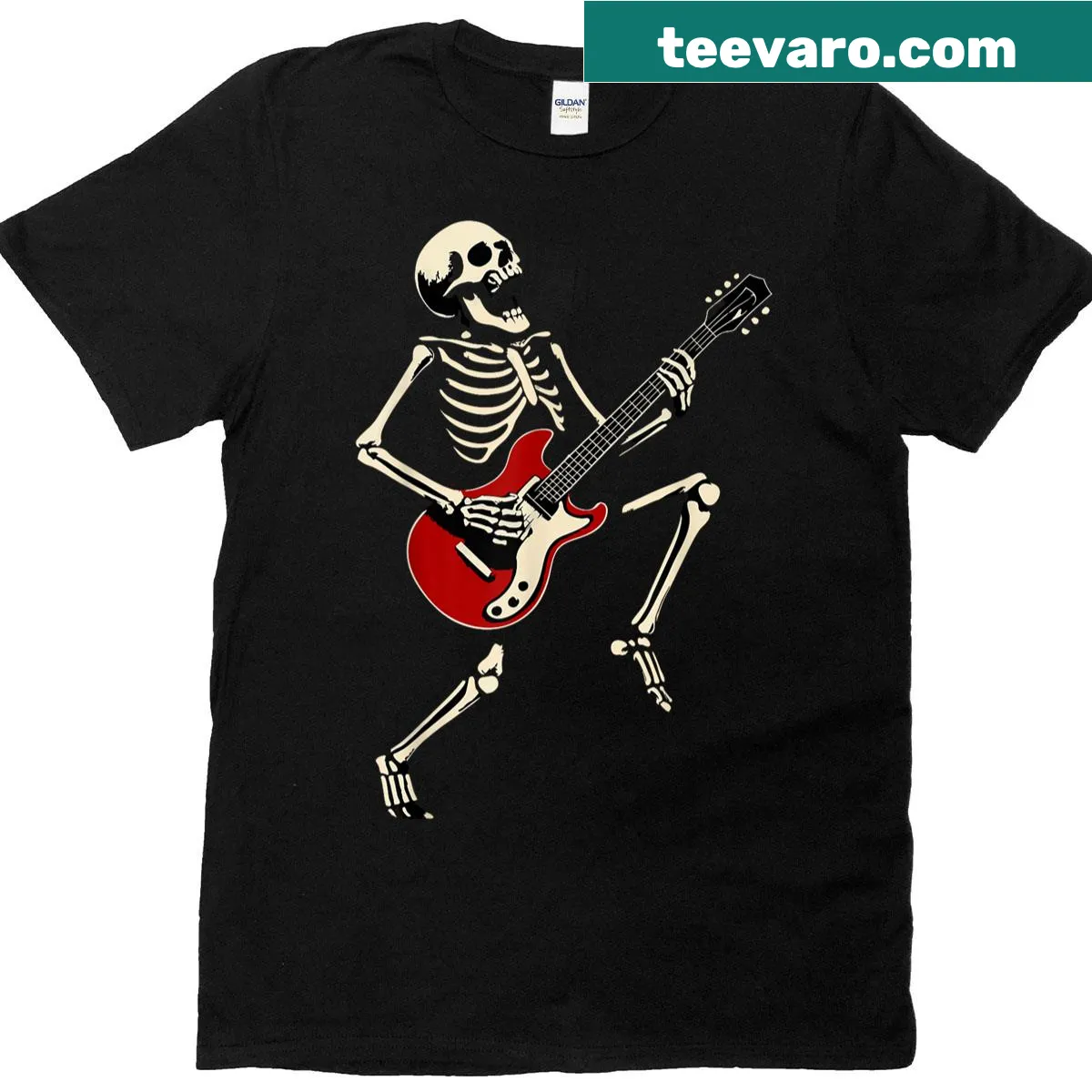 Cartoon skeleton playing guitar on a humorous T-shirt. — on a men's t-shirt