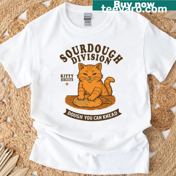 Graphic T-shirt of a cat kneading dough