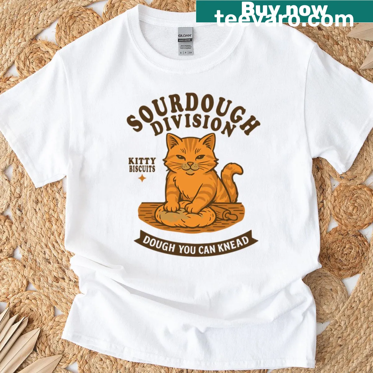 Graphic T-shirt of a cat kneading dough — on a men's t-shirt