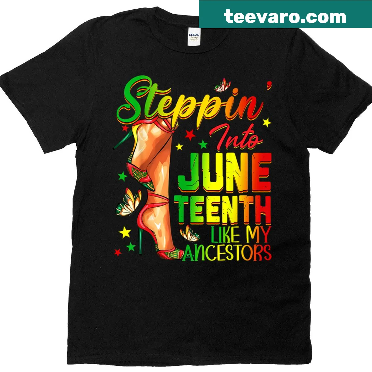 Juneteenth-themed t-shirt with high heels design and empowering text — on a men's t-shirt