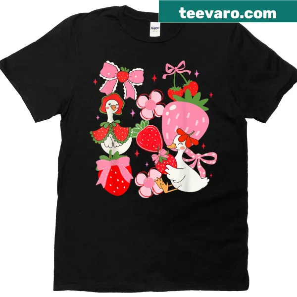 Cute t-shirt with an illustration of a duck with a bow and strawberries