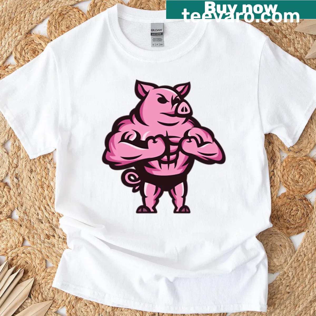Pig lifting weights illustration on a humorous t-shirt — on a men's t-shirt