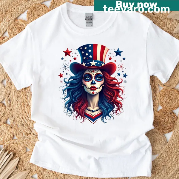 Sugar skull design with American flag elements t-shirt