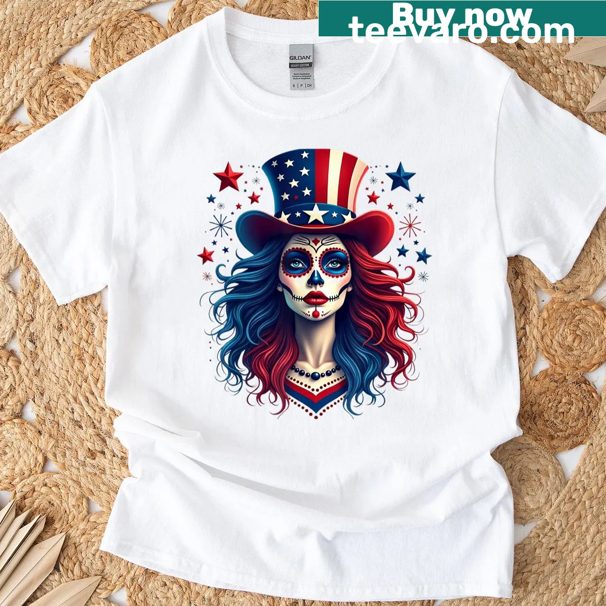 Sugar skull design with American flag elements t-shirt — on a men's t-shirt