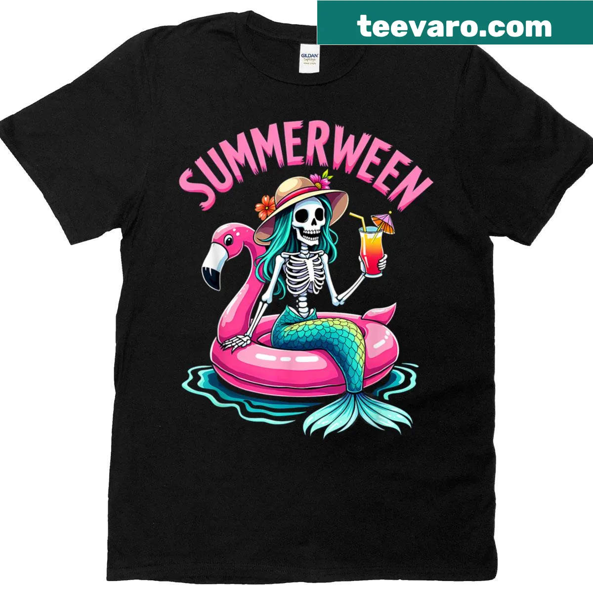 Cute mermaid skeleton with beach and flamingo elements for Halloween — on a men's t-shirt