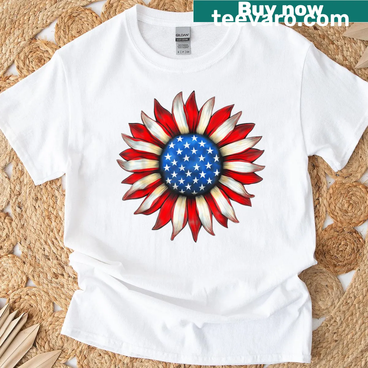 Sunflower and American flag graphic t-shirt — on a men's t-shirt