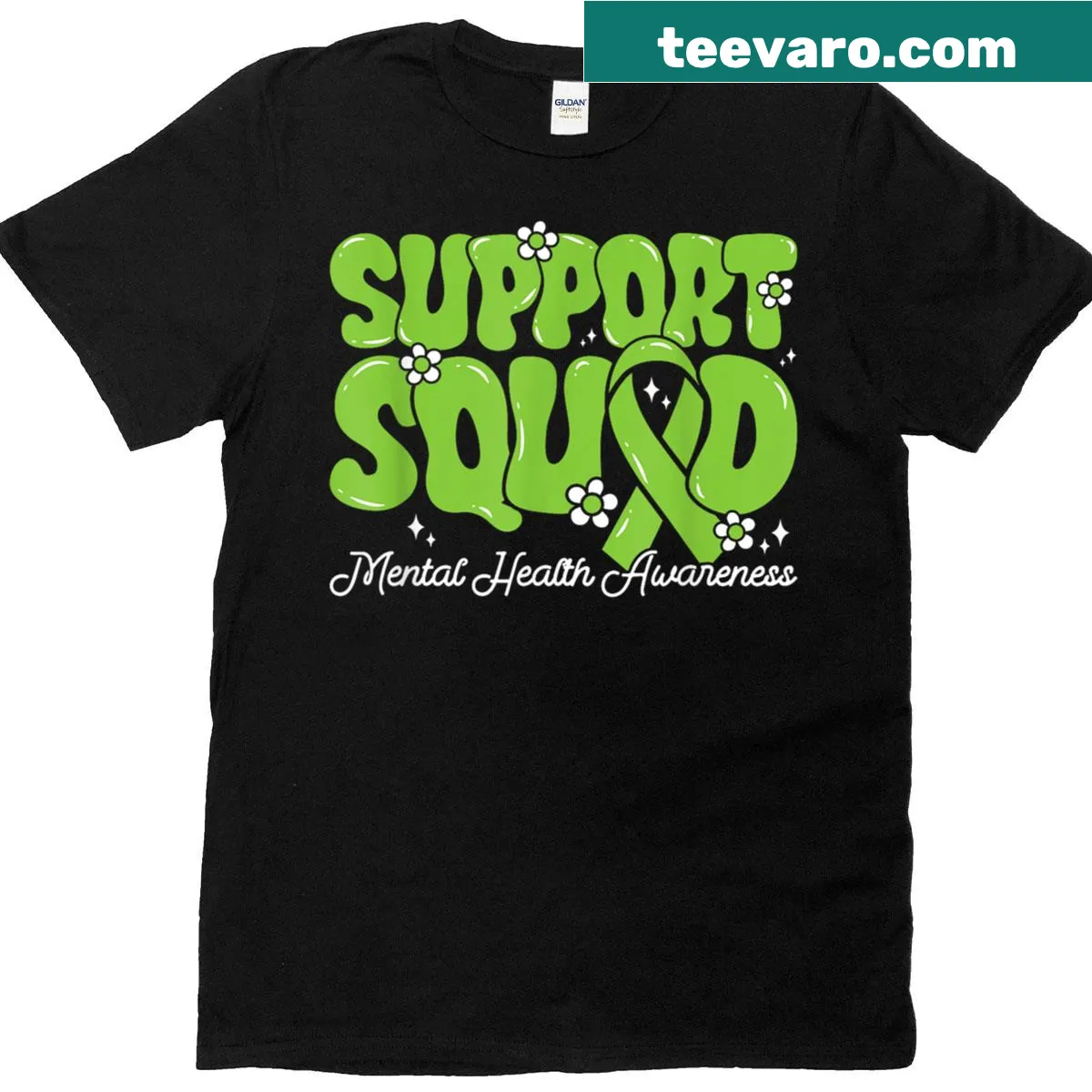 Mental health awareness t-shirt featuring a green ribbon graphic — on a men's t-shirt