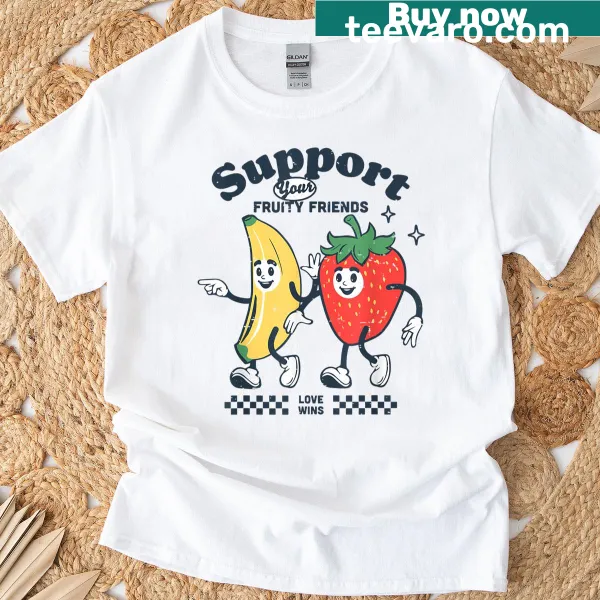 Playful fruit icons supporting LGBTQ pride on a t-shirt