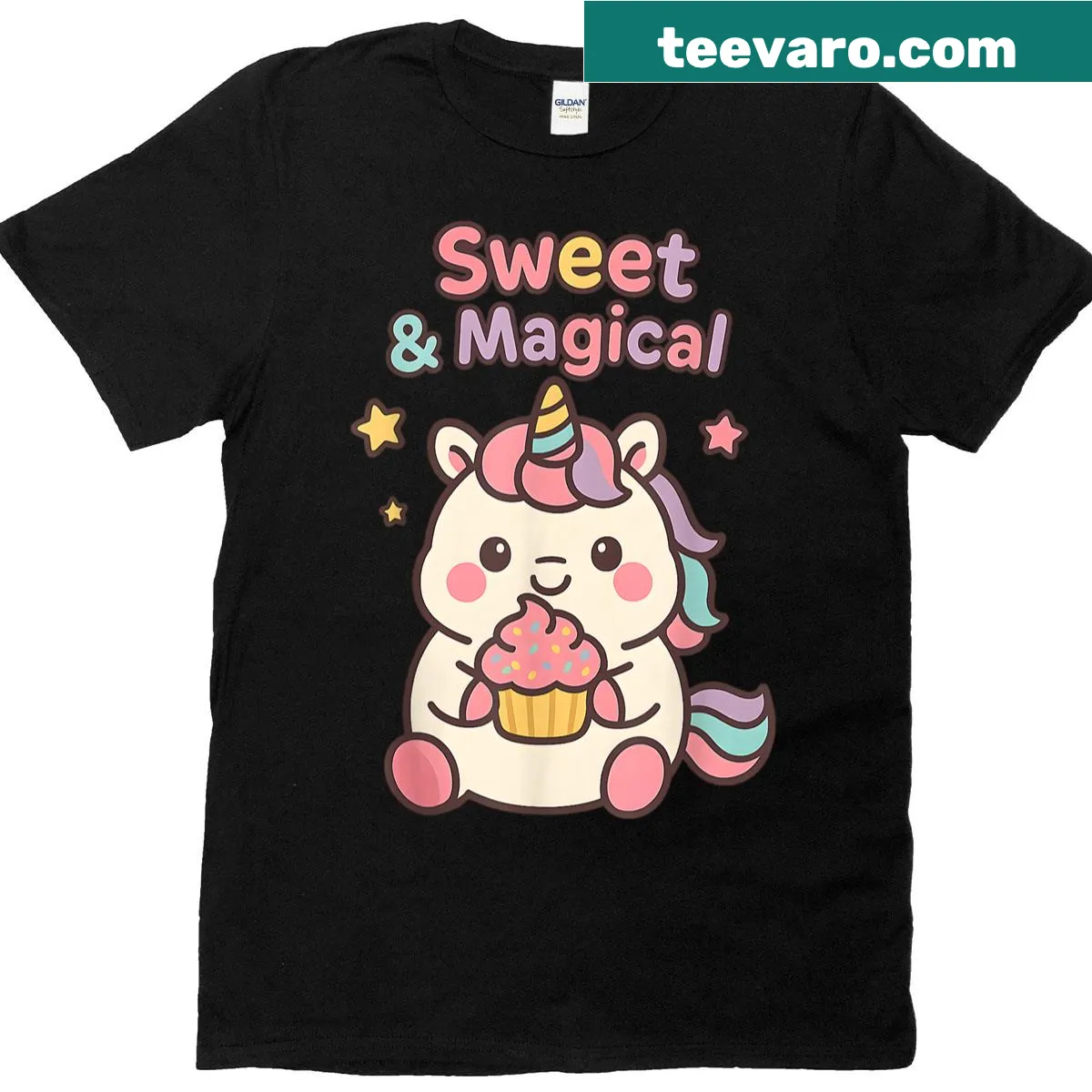 Kawaii unicorn holding a cupcake on a whimsical T-shirt for girls and women — on a men's t-shirt