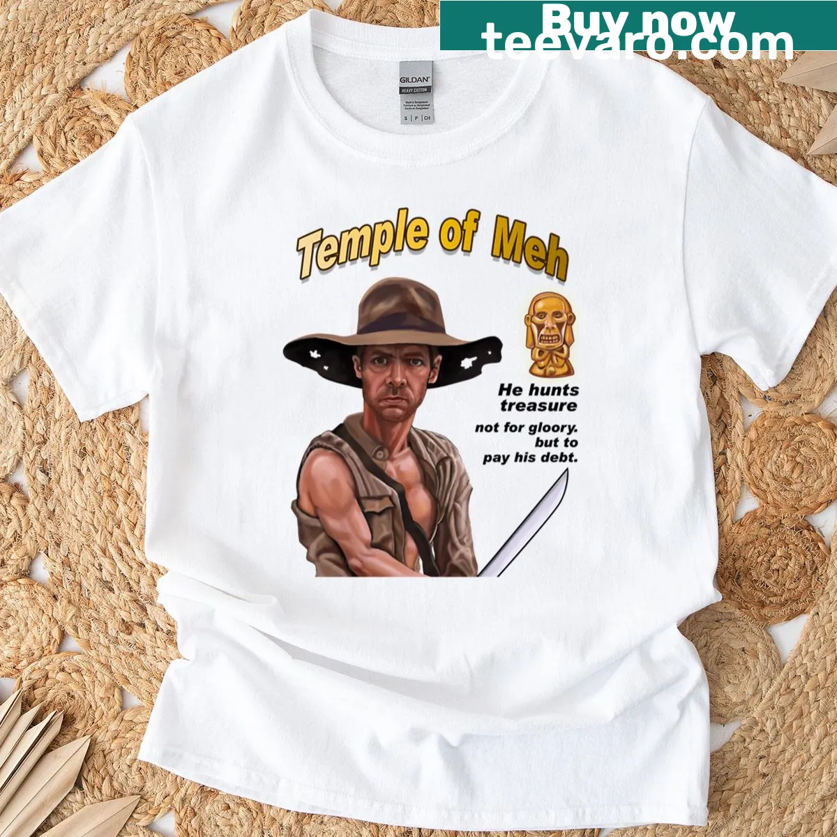 Parody T-shirt with text about treasure hunting for debt — on a men's t-shirt
