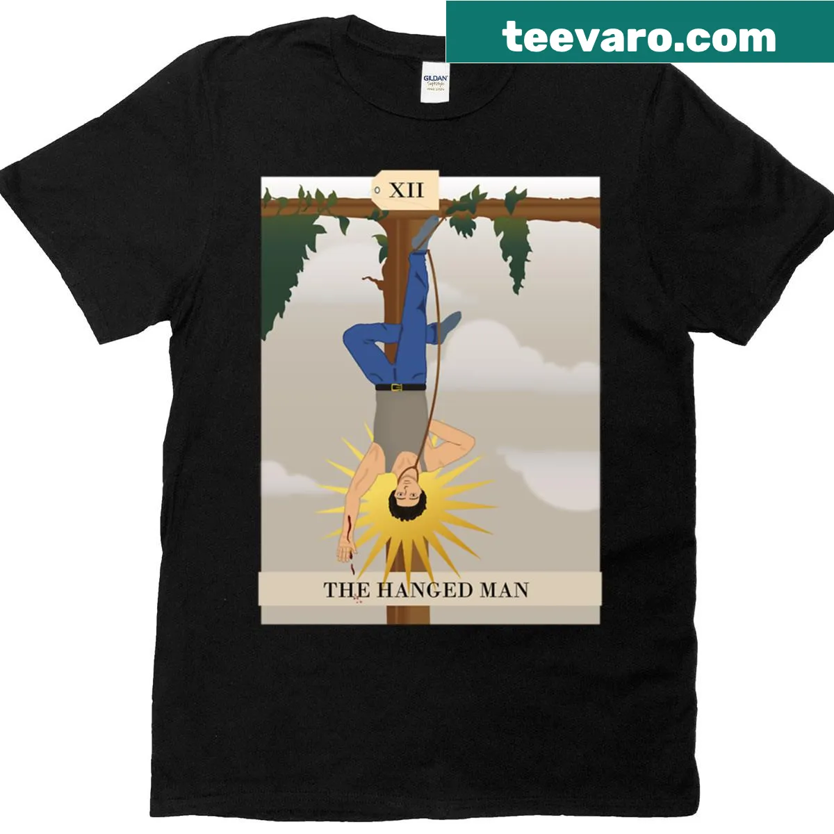 Tarot-inspired Hanged Man graphic t-shirt with bold typography — on a men's t-shirt