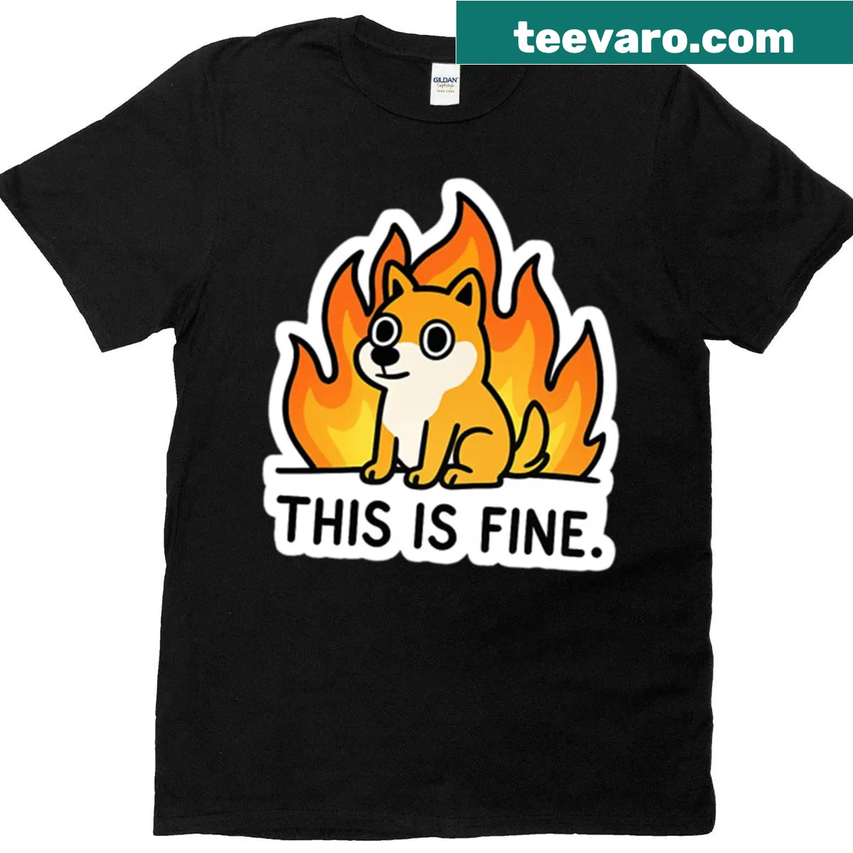 Cute Shiba Inu dog meme t-shirt with fire and humor design — on a men's t-shirt