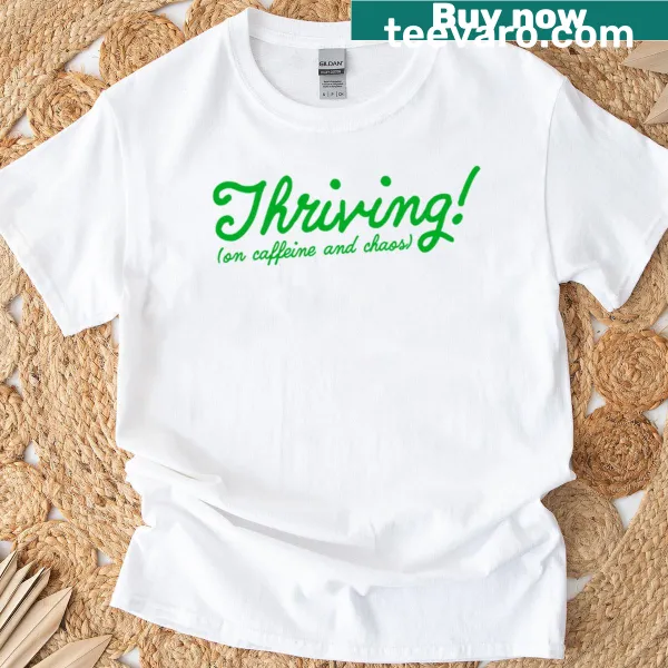 Playful typography tee about caffeine and chaos