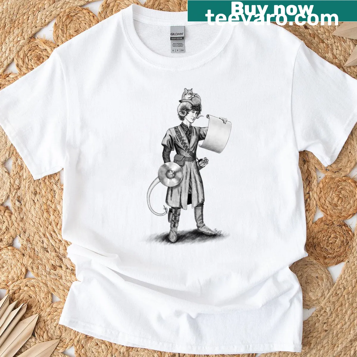 Grayscale illustration of a tiefling mage and fox on a t-shirt — on a men's t-shirt