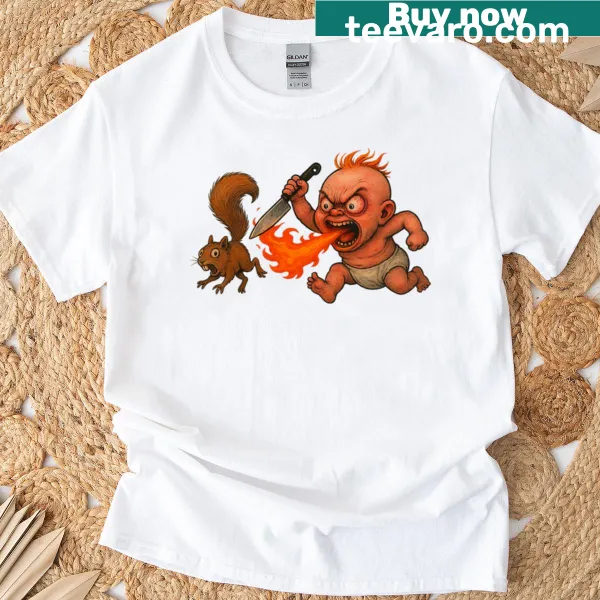 Oversized t-shirt with cartoon fire-breathing baby and squirrel