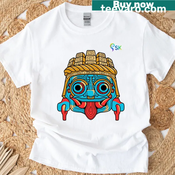 Illustration of Tlloc mask on a fantasy-themed T-shirt