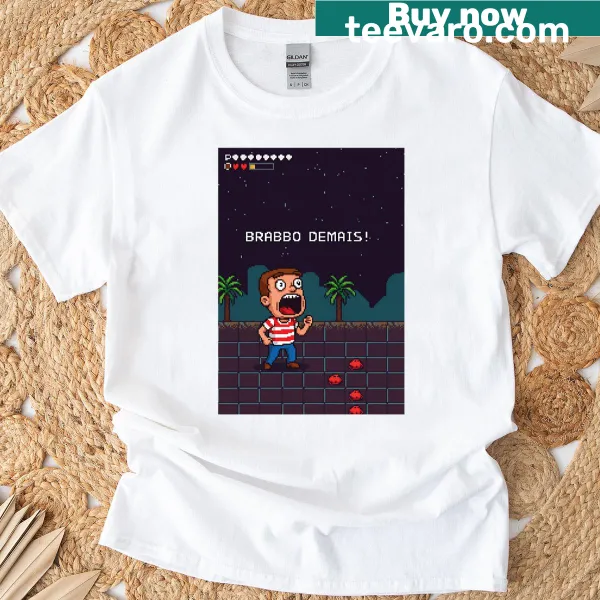 Pixel art graphic of the Too Brabo Br meme on a T-shirt
