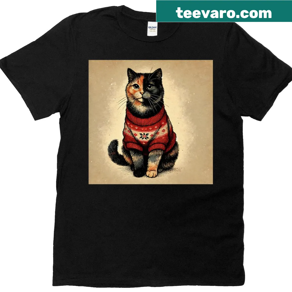 Festive illustration of a Tortie Tabby cat for Christmas — on a men's t-shirt