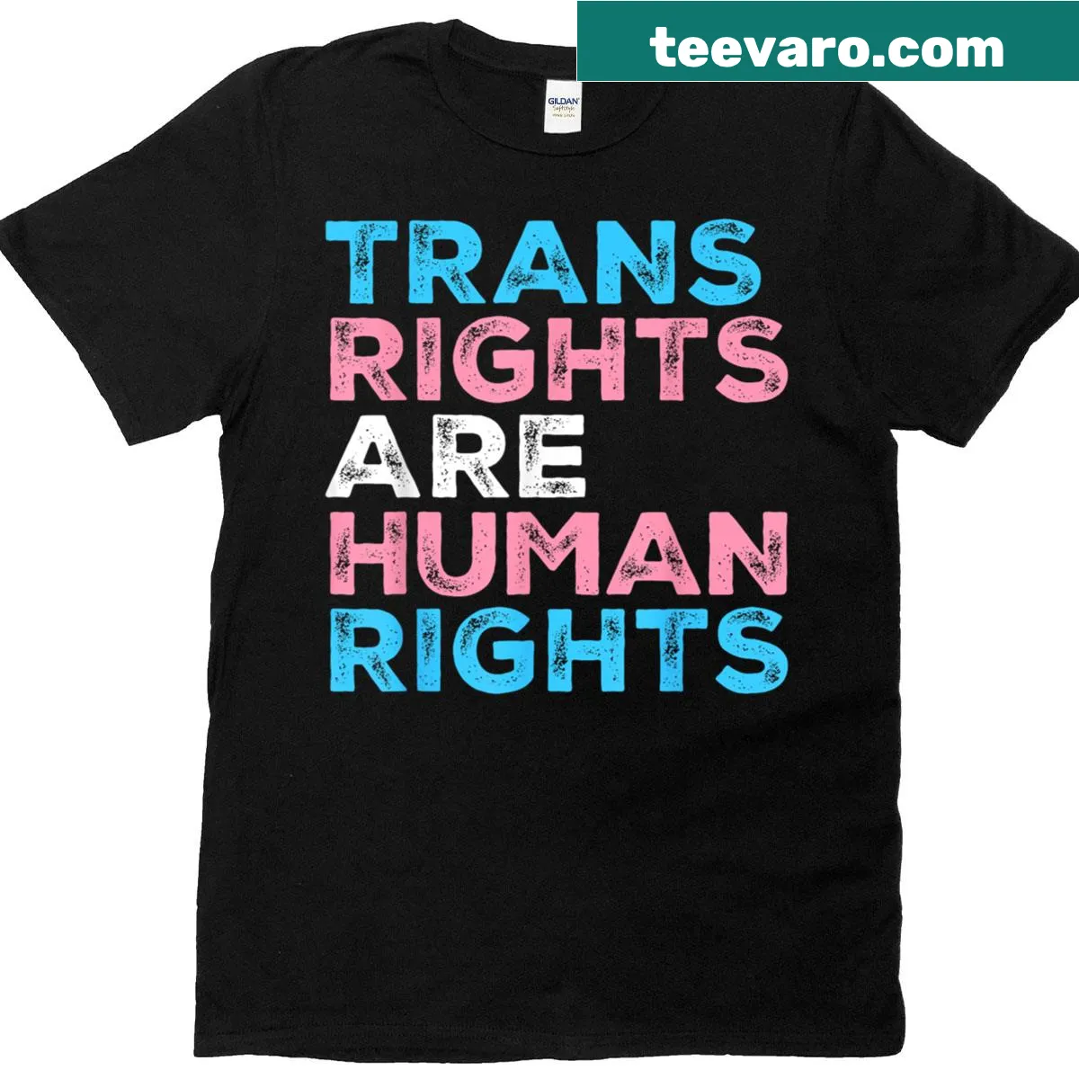 Trans rights graphic t-shirt with LGBTQ+ flag — on a men's t-shirt