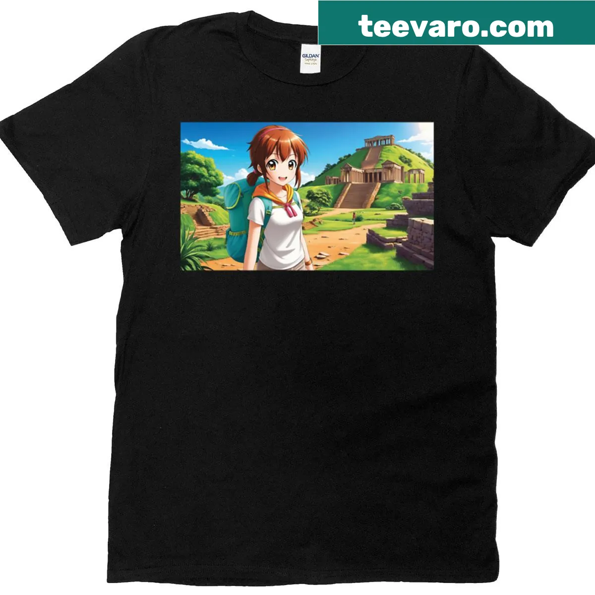 Illustrated T-shirt featuring a girl traveling in Athens, Greece. — on a men's t-shirt