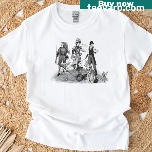Cartoon t-shirt featuring a fantasy RPG party with various characters