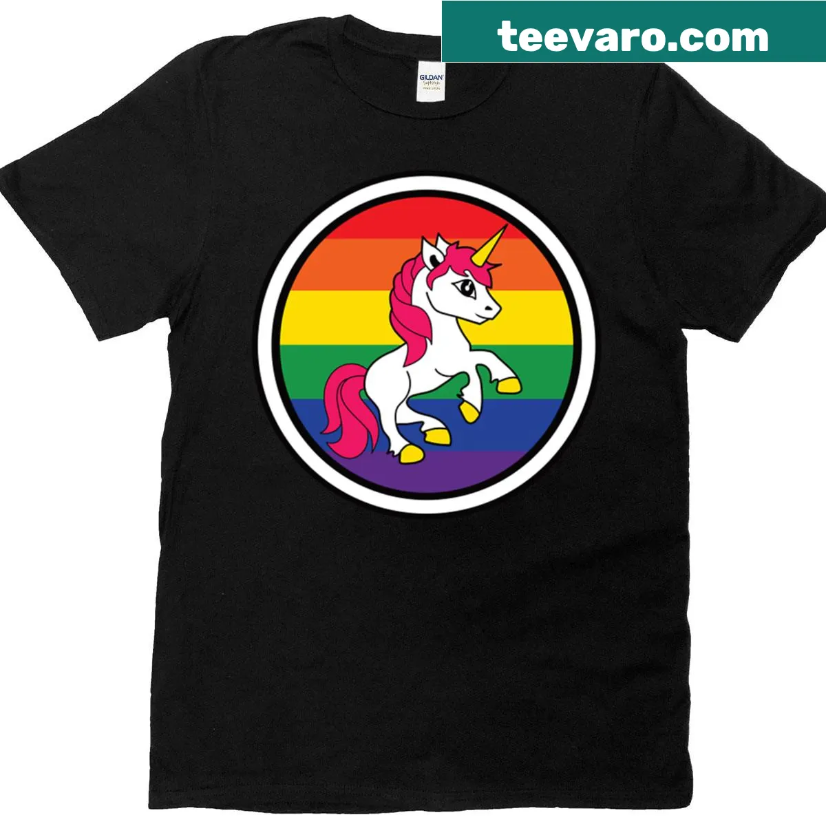 Illustration of a unicorn with a rainbow, whimsical graphic tee — on a men's t-shirt