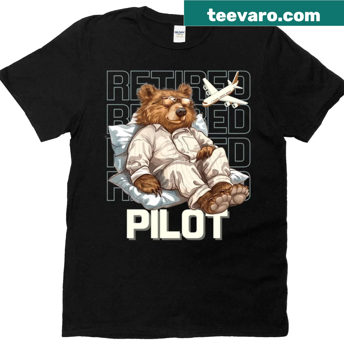 Funny graphic of a bear in a pilot's cap sleeping — on a men's t-shirt